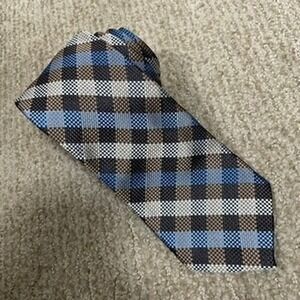 Jhane Barnes Silk Necktie Mens‎ Blue Brown Tan Geometric Check 3x61